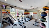 This fitness center is a comprehensively outfitted single-floor facility designed to support a full range of workout routines. The space is immediately distinguished by its bold, horizontally striped accent walls in shades of sage green, teal, yellow, and red-orange, lending a vibrant and energetic atmosphere to the room.

Natural light flows generously through large, floor-to-ceiling windows that line one wall, offering pleasant views of the surrounding landscaping and greenery outside. Multiple ceiling fans help maintain comfortable airflow throughout the space.

The cardio zone is well-stocked with a row of treadmills, elliptical trainers, and stationary bikes — including both upright and recumbent models — all positioned to take advantage of the outdoor views. Wall-mounted televisions are positioned for easy viewing during cardio sessions.

The strength and functional training area features a multi-station cable machine, a weight bench, a rack of dumbbells ranging across various weights, a medicine ball rack, and a stability ball, providing ample options for resistance and functional training. A rowing machine rounds out the cardio offerings.

The flooring combines low-pile carpet tiles with rubberized mat sections beneath equipment, providing both comfort and durability. An adjoining room, visible through glass-panel doors, suggests a connected lounge or common area nearby.