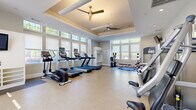Located at 116 Danbury Rd in Wilton, CT, this fitness center offers a thoughtfully designed single-floor exercise space that balances functionality with an inviting architectural aesthetic. The room features elegant tray ceilings with ceiling fans, providing both visual height and comfortable air circulation throughout the space. Large windows along multiple walls flood the interior with natural light, creating an energizing and open atmosphere.

The fitness floor is finished with durable, speckled rubber-composite flooring suited for high-traffic exercise use. Cardio equipment includes multiple treadmills and elliptical trainers, each equipped with individual display screens, alongside a stationary recumbent cycle. A dedicated strength training section houses a comprehensive selection of selectorized cable and resistance machines, as well as a full dumbbell rack with mirrors for form monitoring.

A wall-mounted flat-screen television is positioned for easy viewing from the cardio area, while built-in open shelving provides organized storage for accessories and personal items. French-style glass-panel doors connect to an adjacent area, enhancing the sense of openness. Recessed lighting supplements natural daylight for consistent illumination. The overall ambiance is clean, bright, and well-organized, making this fitness center a practical and pleasant environment for a wide range of workout routines.