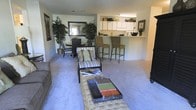 This single-floor residence showcases an open-concept layout that effortlessly connects the living, dining, and kitchen areas into one cohesive, flowing space. The living area is carpeted in a soft neutral tone, creating a comfortable and inviting atmosphere. A cushioned accent chair with decorative pillows and an ottoman-style coffee table serve as a focal point, while a cozy sofa anchors the seating arrangement.

Adjacent to the living space, a casual dining nook features a compact table and chairs, framed by a large mirror on the wall that enhances the sense of depth and light. Two lush, tall indoor trees flank this area, introducing a vibrant natural element that enlivens the interior.

The kitchen is positioned at the rear of the open space, distinguished by a raised breakfast bar fitted with tall bar stools — ideal for casual dining or entertaining. White cabinetry lines the upper walls beneath fluorescent lighting, and the countertops provide ample prep space. Decorative items and greenery add character to the kitchen ledge.

Overall, the space presents a warm, functional, and well-appointed interior with a cohesive design throughout.