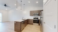 This single-story residence on Daro Drive in Herriman, Utah offers a contemporary design highlighted by soaring vaulted ceilings that lend an expansive, airy feel to the open-concept living area. The kitchen serves as the centerpiece of the space, featuring a peninsula with a white quartz countertop, an undermount sink, and a full suite of stainless steel appliances, including a range, microwave, refrigerator, and dishwasher. Warm-toned, textured wood cabinetry provides ample storage, while a cluster of Edison-style pendant lights adds a modern, industrial touch overhead. Light wood-look flooring flows seamlessly throughout the main living areas, enhancing the bright and clean aesthetic created by the white walls and recessed lighting. A ceiling fan in the living area and access to an outdoor patio extend the functional living space. The bedroom features plush neutral carpeting, vaulted ceilings, and a large window that frames views of the surrounding neighborhood, allowing for generous natural light. The bathroom maintains the home's cohesive modern style with a wood-finish vanity, white countertop, and matching light flooring, complemented by a tub-shower combination. Overall, the space presents a clean, well-appointed interior with consistent finishes throughout.