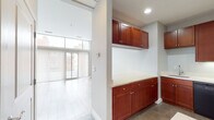 Located at 100 Temple St in the heart of New Haven, CT, this single-floor unit offers a thoughtfully designed layout with a clean, contemporary aesthetic throughout. The open living area immediately impresses with its soaring clerestory windows that run along the upper portion of the exterior wall, flooding the space with abundant natural light and providing views of the surrounding urban streetscape. Light-toned hardwood flooring extends across the living area, enhancing the bright and airy atmosphere, while a glass sliding door connects to an outdoor balcony area. Track lighting adds a modern touch to the well-proportioned main room. The kitchen is outfitted with rich cherry wood cabinetry that extends to the ceiling, offering generous storage space. Light countertops provide a clean contrast to the warm cabinetry tones, and the kitchen is equipped with black appliances including a refrigerator, range, microwave, and dishwasher. Tile flooring grounds the kitchen area. A built-in cabinetry nook with upper and lower storage units serves as a practical transition between the kitchen and living spaces. The bathroom features warm hardwood-style flooring, classic white subway tile surrounding the bathtub and shower, and chrome fixtures, creating a timeless and well-finished look throughout.