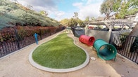 This outdoor dog park is a thoughtfully designed recreational space set within a residential community. The park is fully enclosed by sturdy black iron fencing, ensuring a safe environment for pets to roam freely. A winding, organically shaped artificial turf section runs through the center of the space, providing a clean and comfortable surface for dogs to play on year-round.

Colorful play tunnels — including a bold red and a teal tunnel — are positioned throughout the park, offering engaging obstacles for dogs of all sizes. A blue agility post adds an additional interactive element to the space. The park's posted rules sign, branded for the community, is prominently displayed at the entrance gate, keeping the area organized and community-friendly.

A covered pergola structure provides shaded seating for pet owners, furnished with a concrete pedestal table. From beneath the pergola, views open out to the surrounding community, including mature trees and well-maintained green lawns. The backdrop of a native-planted hillside with dense shrubs and established trees enhances the natural ambiance of the space.

Sandy pathways border the turf, providing ample walking space around the perimeter. The combination of shade, greenery, play features, and open sky makes this dog park a welcoming and functional amenity for the community.