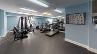 This fitness center is a dedicated, single-floor exercise space designed to support a comprehensive workout routine. The room features soft blue-painted walls that create a calm, focused atmosphere, complemented by durable speckled rubber flooring that provides both safety and comfort underfoot. Overhead fluorescent lighting ensures the space is well-lit throughout.

The facility is outfitted with a varied selection of cardio equipment, including treadmills and an elliptical trainer, positioned along one wall and reflected in large floor-to-ceiling mirrors that visually expand the room and allow users to monitor their form. A multi-station cable and weight machine offers a wide range of strength training options, while additional free weights are available for supplementary exercises.

Natural light filters in through multiple windows fitted with blinds, adding to the open feel of the space. A flat-screen television is mounted on the wall, providing entertainment during workouts. The room also includes a dedicated open-floor area, ideal for stretching, floor exercises, or additional equipment use. A wall-mounted exercise guide chart provides a handy reference for workout routines. The space is accessible via a classic paneled white door and is designed to serve as a fully functional, amenity-style fitness room.