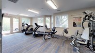 This fitness center is a comprehensively outfitted space designed to support a wide range of workout routines. The layout is organized into distinct functional zones, all unified by durable patterned carpet flooring in neutral tones of grey and blue. Bright overhead fluorescent lighting ensures the entire space is well-illuminated throughout.

The cardio zone features multiple SportsArt treadmills, an elliptical trainer, a stationary recumbent bike, and a rowing machine, all positioned along windowed walls fitted with white horizontal blinds. The windows allow natural light to filter in and offer views of surrounding greenery, creating an open and refreshing atmosphere.

The strength training area includes a multi-station cable machine, a dedicated free weight rack with a full range of dumbbells, and an adjustable weight bench. Two TRX suspension training straps are mounted to the walls alongside instructional workout posters, providing versatile bodyweight training options.

A functional training zone offers stability balls in assorted sizes, medicine balls, resistance bands, and foam rollers neatly organized on wall-mounted racks. A large wall mirror enhances the sense of space and allows users to monitor their form. A wall-mounted flat-screen television adds an entertainment element. The space is finished with two-tone walls in warm beige and slate blue, lending a clean, modern aesthetic throughout.