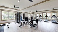 Located at 1110 Ballpark Ln in Lawrenceville, GA, this fitness center offers a well-equipped, single-floor exercise room designed to accommodate a full range of workout routines. The space features elegant tray ceilings with crown molding trim details and recessed lighting, complemented by dual ceiling fans that promote airflow throughout. Light wood-look flooring runs across the entire floor, lending a clean, modern aesthetic.

Large framed windows line the walls, flooding the room with natural light and offering views of the surrounding greenery. Full-length mirrors are strategically positioned to visually expand the space and assist users during workouts. The cardio section is well-stocked with multiple treadmills and elliptical machines, each equipped with individual display screens. A dedicated strength training area houses a multi-station cable machine, adjustable benches, a power tower, and a full rack of dumbbells. Exercise balls and floor mats provide space for functional and flexibility training.

A wall-mounted television, fire safety equipment, and clearly marked exits reflect a commitment to safety and convenience. The overall ambiance is bright, open, and inviting, making this fitness center a comprehensive and comfortable environment for residents and users seeking an effective workout experience.