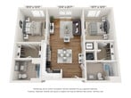 This contemporary apartment, located at 4501 E Main St in Richmond, VA, offers 810 square feet of efficiently designed living space. The layout includes two bedrooms, three bathrooms, and a single floor plan. The primary bedroom is generously sized at 140 square feet, providing ample space for comfort and relaxation.

The interior boasts a modern aesthetic with clean lines and a neutral color palette. Light-toned wood-look flooring runs throughout, creating a cohesive and spacious feel. The kitchen is a highlight, featuring sleek white cabinetry, stainless steel appliances, and a gray tile backsplash. It opens to the living area, perfect for entertaining or casual dining.

Each bathroom is outfitted with modern fixtures, including tub-shower combinations and vanities with ample storage. The unit also includes the convenience of in-unit laundry facilities, with a washer and dryer tucked away in a dedicated space.

Large windows in the bedrooms and living areas allow for plenty of natural light, while ceiling fans provide air circulation and added comfort. Built-in closets and storage solutions help maximize the use of space throughout the apartment.

The overall design prioritizes functionality and style, offering residents a contemporary urban living experience in a well-appointed, compact space.
