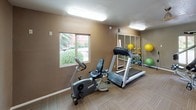 This single-room fitness center offers a comprehensive workout environment designed to support a variety of exercise routines. The space is finished with durable, patterned carpet tiles throughout and features warm, neutral-toned walls that create a functional yet welcoming atmosphere. Overhead fluorescent lighting ensures the room is well-lit throughout the day.

A standout architectural feature is the full-length mirrored wall panel, which visually expands the space and allows users to monitor their form during workouts. Multiple windows provide natural light and views of surrounding greenery, including palm trees and landscaped grounds, connecting the interior to the outdoors.

The fitness center is equipped with an impressive array of machines, including two treadmills, an elliptical trainer, a recumbent stationary bike, and a multi-station cable strength training machine. Additional accessories such as stability balls in various sizes and a medicine ball rack add versatility for functional and core training exercises.

A glass-paneled door provides direct access to an outdoor area, enhancing ventilation and convenience. The layout is thoughtfully arranged to allow comfortable movement between equipment. Overall, this fitness center delivers a practical, well-maintained space suited for a full range of cardiovascular and strength training activities.