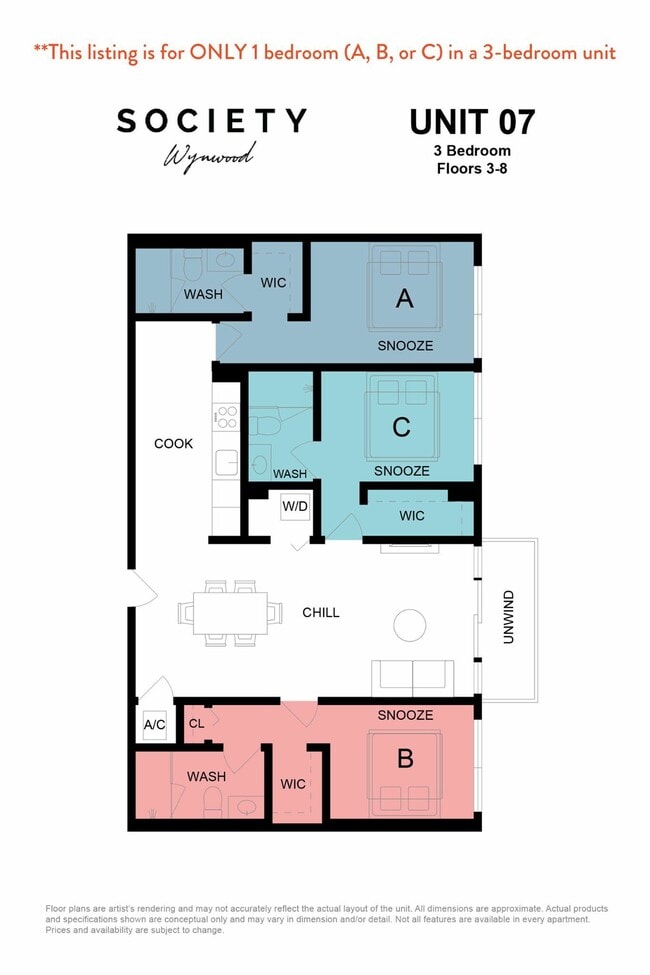 RBB de 3 habitaciones - Unidad 07 - Pisos 3-8 - Society Wynwood