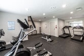 This fitness center is designed to accommodate a comprehensive range of workout routines within a thoughtfully organized, single-floor layout. The space is finished with durable rubber flooring throughout, providing cushioned support suitable for both cardio and strength training activities. Recessed lighting illuminates the area evenly, complementing natural light that enters through latticed windows along one wall.

The cardio zone features multiple treadmills equipped with individual display screens, an elliptical trainer, and a recumbent stationary bike, offering varied options for aerobic exercise. A dedicated strength training area includes a rack of dumbbells in multiple weights, a set of medicine balls, a weight bench, and additional resistance equipment. Wall-mounted workout reference charts, including dumbbell exercise and yoga pose guides, provide helpful visual instruction throughout the space.

Full-length mirrors along one wall visually expand the space while allowing users to monitor their form during exercise. A wall-mounted flat-screen television adds an entertainment option for cardio sessions. A water cooler station is conveniently positioned within the main area. Restroom facilities are accessible directly from the fitness floor. The neutral gray walls and clean white trim contribute to a functional, organized atmosphere suited for focused exercise.