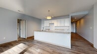 Located at 3001 Euclid Avenue in Cleveland, OH, this contemporary single-floor unit offers a thoughtfully designed open layout with modern finishes throughout. The kitchen serves as a central focal point, showcasing white shaker cabinetry, granite countertops, and a large peninsula with an integrated sink — ideal for both meal preparation and casual dining. Pendant and track lighting illuminate the space with a warm, functional glow, complementing the rich hardwood-style flooring that runs throughout.

The open-concept living area is generously proportioned, bathed in natural light from large windows that offer views of the surrounding Cleveland cityscape. Soft gray walls create a clean, neutral palette that pairs well with the modern finishes. The bedroom features a sliding closet for convenient storage and direct access to a well-appointed bathroom. The bathroom is finished with crisp white tile work, a frameless glass-enclosed walk-in shower, and a dark wood vanity with granite countertops, adding a refined contrast to the otherwise light aesthetic.

Track lighting is used consistently across rooms, providing versatile illumination. The overall design emphasizes clean lines, neutral tones, and functional simplicity, making this a polished and move-in-ready space in the heart of Cleveland.