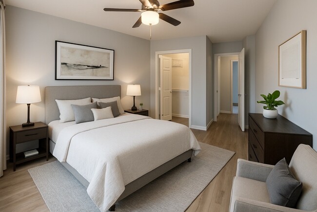 Master bedroom staged w/ renovations for new floors, new fan, new closet, updated paint, new blinds - 4501 Arlington Blvd