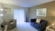 This single-floor space features a living room that serves as its central gathering area. The room is finished with wall-to-wall carpeting in a neutral tone, contributing to a warm and comfortable atmosphere. Large sliding glass doors dressed with vertical blinds allow an abundance of natural light to fill the space, creating a bright and airy feel. A window unit air conditioner is mounted in a side window, ensuring year-round climate comfort. The walls are painted in a soft, neutral beige tone, providing a versatile backdrop that complements a variety of furnishing styles. The living area comfortably accommodates a blue sofa accented with a decorative cushion alongside an additional seating chair, reflecting a practical yet welcoming layout. A tall decorative vase adds a subtle design element near the sliding doors. The ceiling is smooth and well-maintained, contributing to the clean overall aesthetic. The space is straightforward in its design, prioritizing functionality and comfort, making it well-suited for everyday living.