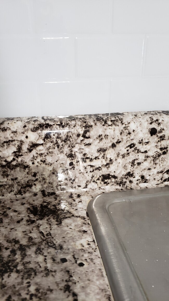 Faux marble countertop, white subway tiles and stainless steel sink. - 1113 2nd St
