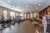 This fitness center is a spacious, single-floor facility designed to accommodate a full range of workout activities. The layout is thoughtfully organized, with strength training equipment lining one side of the room and cardio machines positioned near large windows that invite ample natural light and views of the surrounding exterior. The strength training area features multiple cable and weight machines, a flat bench, and a dedicated free weights section with medicine balls and stability equipment, providing options for a comprehensive resistance training routine. On the cardio side, several elliptical trainers and a treadmill are arranged to take advantage of the natural light streaming in through the large, wide windows fitted with horizontal blinds. Ceiling fans are installed throughout, contributing to air circulation and comfort during workouts. The interior walls are lined with richly framed glass partitions and mirrored panels, which visually expand the space and allow for form monitoring. A wall-mounted television is positioned for easy viewing during exercise. The rubber flooring throughout offers durability and safety underfoot. Recessed lighting provides consistent, even illumination across the entire facility. An adjacent lounge or common area is visible through the glass partitions, adding a sense of connectivity to the broader amenity space.