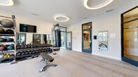 This contemporary fitness center is thoughtfully designed to support a full range of workout routines across multiple dedicated zones. The space is anchored by a striking free weights and functional training area, featuring a comprehensive dumbbell rack, kettlebells, medicine balls, a heavy punching bag, and an adjustable weight bench — all set against full-length mirrors and finished with plush carpeted flooring. Overhead, distinctive circular ring light fixtures lend a modern, boutique-gym aesthetic to the bright, white-walled interior.

A separate cardio zone is bathed in natural light streaming through expansive windows, offering views of the surrounding outdoor area. This room houses multiple TRUE-brand treadmills alongside cycling bikes, creating a bright and energizing environment for endurance training. An additional dedicated room provides space for cable machine strength training, TRX suspension equipment, and a utility bench, also benefiting from large windows and an open, airy feel.

Elegant dark-framed glass doors connect the zones and provide views into adjacent amenity spaces, reinforcing a sense of openness and connectivity. Wall-mounted televisions, a stainless steel waste receptacle, and curated artwork complete the polished, upscale atmosphere of this well-appointed fitness facility.