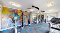 Located at 300 Palmetto Park Blvd in Lexington, SC, this well-appointed fitness center offers a compact yet efficiently organized workout space across a single floor. The room makes a strong visual impression with a bold, large-scale abstract mural rendered in vivid yellows, blues, and oranges, serving as a dynamic focal point that energizes the space. Full-length mirrors line one wall, visually expanding the room and allowing users to monitor their form during workouts.

The fitness center is equipped with a comprehensive selection of Matrix-brand cardio machines, including treadmills, ellipticals, and stationary bikes, alongside a multi-function cable strength training station and a dumbbell rack. The geometric-patterned carpet in grey and blue adds a modern, athletic aesthetic underfoot.

Ceiling fans provide airflow throughout the space, while flush-mount light fixtures ensure consistent, bright illumination. Large windows along one wall flood the room with natural light and frame views of the surrounding landscaped outdoor area, including a visible pool patio and lush greenery. A wall-mounted flat-screen television and a dedicated exit door with glass panels complete the practical amenities. The overall ambiance is energetic, modern, and inviting for daily use.