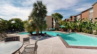 Located at 15215 Blue Ash Dr in Houston, Texas, this outdoor pool area offers a resort-inspired retreat designed for relaxation and recreation. The centerpiece is a generously sized swimming pool with a distinctive freeform shape, featuring clear turquoise water and brick-accented pool edging that adds a classic touch to the overall aesthetic. A separate, shallower wading area adjoins the main pool, providing versatility for all types of swimmers.

The surrounding deck is finished with a textured concrete surface, offering plenty of room for lounging and socializing. Seating options abound, with multiple chaise lounges and patio chairs arranged around the pool. A vibrant teal patio umbrella provides shaded seating for those seeking relief from the Texas sun.

The landscaping is a standout feature, with tall, mature palm trees serving as dramatic focal points within the pool area. Lush tropical plantings — including banana trees and a variety of subtropical shrubs — create a verdant, private atmosphere that enhances the resort-like feel. A wrought iron perimeter fence encloses the space, ensuring safety and seclusion. The surrounding multi-story brick residential buildings frame the pool area, contributing to a cohesive community setting beneath the wide, open Houston sky.