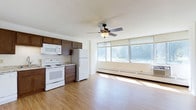 This single-floor unit offers an open, airy layout that seamlessly blends the kitchen and living areas into one cohesive space. The kitchen is equipped with white appliances, including an electric range, over-the-range microwave, and refrigerator, all complemented by rich dark wood cabinetry that provides ample storage. Light-toned hardwood-style flooring runs throughout, adding warmth and continuity to the interior.

A ceiling fan with an integrated light fixture is centrally positioned, ensuring comfortable air circulation across the combined living and kitchen space. One of the standout features is the expansive bank of large windows along one wall, which floods the interior with abundant natural light and offers views of the surrounding greenery. Below the windows, a baseboard heating unit runs the full length of the wall, ensuring efficient warmth throughout the colder months.

The open floor plan provides a generous sense of space and flexibility for furniture arrangement in the living area. The overall ambiance is clean, bright, and functional, with a neutral color palette of white walls and ceilings that enhances the sense of openness and makes the space feel welcoming and move-in ready.