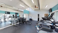 This fitness center offers a thoughtfully designed workout space that accommodates a wide variety of exercise needs. The room features impressively high ceilings with clerestory windows that allow natural light to filter in, creating an open and energizing atmosphere. A ceiling fan circulates air throughout the space, contributing to a comfortable training environment.

The flooring is finished with durable rubber gym matting, providing both safety and functionality for all types of exercise. A full-length wall mirror lines one side of the room, enhancing the sense of space while allowing users to monitor their form during workouts.

The free weights section is well-stocked with a multi-tier dumbbell rack holding a comprehensive range of weights, accompanied by a dedicated weight bench for strength training exercises. On the opposite side of the floor, a row of cardio machines — including treadmills and ellipticals — are neatly arranged, offering ample options for aerobic training.

The walls are accented with a vibrant teal color panel, adding a modern and motivating visual element to the otherwise clean, white interior. Additional fitness equipment, including stability balls and resistance training accessories, rounds out the offerings. The layout is spacious and uncluttered, ensuring ease of movement between equipment stations.