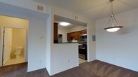 This single-floor space showcases a thoughtfully designed layout that connects the kitchen and living area through a half-wall pass-through opening, creating an open yet defined flow between the two spaces. The kitchen is equipped with stainless steel appliances, including a gas range and over-the-range microwave, and features rich, warm-toned wood cabinetry that extends to both upper and lower configurations. Dark countertops provide a grounding contrast against the white walls and light ceiling. The kitchen flooring transitions to a neutral tile or vinyl, while the adjoining living area is finished with wall-to-wall carpet in a medium brown tone. White walls throughout lend a clean, bright feel to the interior, and flush-mount ceiling lighting ensures consistent illumination. An electrical panel is discreetly mounted near the kitchen entrance. The overall ambiance is practical and well-organized, with a neutral color palette that offers a versatile backdrop for a variety of furnishing styles.