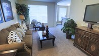 This single-floor space offers a comfortable and thoughtfully arranged interior that balances functionality with a relaxed, inviting ambiance. The living area serves as the heart of the home, featuring plush wall-to-wall carpeting that adds warmth underfoot. Large windows dressed with horizontal blinds allow generous amounts of natural light to fill the room, creating a bright and airy atmosphere throughout the day. The space is furnished with a cozy upholstered sofa accented with decorative pillows, a classic armchair with a draped throw, and a dark wood coffee table that anchors the seating area with understated elegance. Tall indoor plants placed at the corners of the room bring a touch of greenery and life to the interior. Neutral wall tones complement the earthy furnishings, contributing to a cohesive and calming color palette. An open archway transitions smoothly into an adjoining area, suggesting a connected and open floor plan that enhances the overall sense of space. Additional furniture visible through the archway hints at a dedicated workspace or secondary sitting area, making this a versatile and well-utilized layout suited for everyday living.