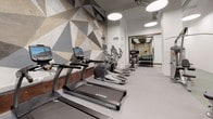 Located at 201 S Huntington Ave in Boston's Jamaica Plain neighborhood, this well-appointed fitness center offers a comprehensive workout environment across a single level. The space is defined by a bold, geometric triangular mural that spans multiple walls, blending neutral tones of gray, beige, and white to create a dynamic, modern aesthetic that energizes the entire room.

The cardio area is equipped with a row of True treadmills and elliptical trainers, each outfitted with individual display screens for an engaging workout experience. A dedicated strength training zone features a multi-function power rack, adjustable weight bench, and an organized dumbbell rack, providing users with a full range of resistance training options. Large mirrors line the strength area, enhancing the sense of space and allowing for proper form checks during exercise.

A standout feature of this fitness center is the textured rock climbing wall, adorned with colorful handholds and set against a stone-effect panel backdrop. Thick green safety mats are positioned at the base, ensuring a safe bouldering experience. An elliptical stair-climber trainer rounds out the equipment offerings in this area. Overhead, round pendant lights provide bright, even illumination throughout the space, contributing to a clean and motivating atmosphere.