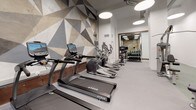 Located at 201 S Huntington Ave in Boston's Jamaica Plain neighborhood, this well-appointed fitness center offers a comprehensive workout environment across a single level. The space is defined by a bold, geometric triangular mural that spans multiple walls, blending neutral tones of gray, beige, and white to create a dynamic, modern aesthetic that energizes the entire room.

The cardio area is equipped with a row of True treadmills and elliptical trainers, each outfitted with individual display screens for an engaging workout experience. A dedicated strength training zone features a multi-function power rack, adjustable weight bench, and an organized dumbbell rack, providing users with a full range of resistance training options. Large mirrors line the strength area, enhancing the sense of space and allowing for proper form checks during exercise.

A standout feature of this fitness center is the textured rock climbing wall, adorned with colorful handholds and set against a stone-effect panel backdrop. Thick green safety mats are positioned at the base, ensuring a safe bouldering experience. An elliptical stair-climber trainer rounds out the equipment offerings in this area. Overhead, round pendant lights provide bright, even illumination throughout the space, contributing to a clean and motivating atmosphere.