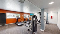 This fitness center offers a comprehensive workout environment within a single, open-plan room. The space is finished with textured ceilings, recessed lighting, and durable patterned carpet flooring throughout, creating a clean and functional atmosphere. A bold orange accent wall on one side adds energy to the room, complemented by windows that allow natural light to filter in. The cardio zone features multiple treadmills, an elliptical trainer, a stationary bike, and a rowing machine, providing a full range of aerobic options. Strength training is well-supported with a multi-functional cable machine, a dual-stack weight machine, and a dedicated free weight area equipped with a tiered dumbbell rack. Functional training tools include medicine balls, stability balls of varying sizes, and a ball storage rack. Wall-mounted flat-screen televisions are positioned throughout the space for entertainment during workouts. A bench with stone detailing is situated along one wall, offering a rest area. The layout is thoughtfully organized to maximize floor space and allow for smooth movement between equipment zones, making this fitness center a practical and well-rounded facility.