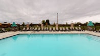 This outdoor amenity area centers around a generously sized swimming pool with clear, turquoise water that immediately draws the eye. The pool's clean, rectangular form is complemented by a wide, tiled pool deck that runs along one side, providing ample space for relaxation and recreation. A row of matching dark-framed lounge chairs with neutral cushions lines the deck, offering plentiful seating for sunbathing or leisure. The deck's surface is finished in light-toned pavers that lend a polished, cohesive look to the space.

Defining the perimeter of the pool area is a sturdy wrought iron fence accented by evenly spaced brick pillar columns, which add a classic architectural detail and a sense of structure to the outdoor space. Lamp fixtures are mounted atop select pillars, providing evening illumination throughout the area. Young trees planted at intervals along the fence line introduce a touch of greenery and suggest a maturing landscape over time.

Beyond the fence, expansive open green fields stretch into the distance, giving the space an open, rural character. The surrounding environment is quiet and spacious, enhancing the overall sense of openness and tranquility this outdoor pool area provides.