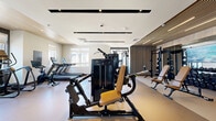 Located at 1002 N Fourth St in Flagstaff, Arizona, this fitness center offers a thoughtfully designed exercise space across a single floor. The room is bathed in natural light from multiple large windows that frame views of the surrounding buildings and mature trees, creating a bright and energizing workout environment.

The space is divided into distinct functional zones. The cardio area is lined with a row of modern treadmills, elliptical trainers, stationary bikes, and a stair climber — each equipped with individual display screens. Adjacent to the cardio section, a dedicated strength training zone houses a Life Fitness multi-station cable machine with padded benches, ideal for a wide range of resistance exercises.

The free weights area features a full rack of dumbbells arranged in ascending order, accompanied by adjustable benches and a large flat-screen display. TRX suspension training rigs are mounted to a sturdy frame nearby, alongside medicine balls and additional functional training accessories, supporting a diverse range of workout styles.

The interior design maintains a clean, modern aesthetic with neutral-toned walls, a warm wood-accented ceiling detail, recessed and track lighting, and a smooth, durable flooring surface throughout. Fitness center rules are posted for user reference. The open layout ensures comfortable circulation between all equipment zones, making this facility well-suited for a complete full-body workout regimen.