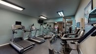 This fitness center is a comprehensively equipped single-level exercise facility designed to support a full range of workout routines. The cardio zone features multiple treadmills and elliptical trainers, each equipped with individual monitors for entertainment or workout tracking. Two wall-mounted televisions provide additional viewing options throughout the space.

The strength training area offers a multi-station cable machine, a dedicated weight bench, and a selection of dumbbells, complemented by stability balls and a foam roller for flexibility and functional fitness work. A wall-mounted workout chart serves as a reference guide for exercises.

Full-length mirrors line one wall, visually expanding the space while allowing users to monitor their form during exercise. The rubber flooring throughout provides cushioning and durability suited to high-activity use. Overhead fluorescent panel lighting ensures consistent, bright illumination across the entire room.

A textured wall in warm brown tones anchors one end of the space, where a glass door and adjacent windows offer a direct view of and access to an outdoor pool and patio area. The combination of practical amenities, thoughtful layout, and the connection to outdoor recreation makes this fitness center a functional and well-rounded facility.