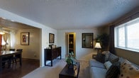 This single-story space centers around a comfortable living area finished with wall-to-wall carpeting in a neutral tone, contributing to a warm and inviting atmosphere. The room features standard-height ceilings with a textured popcorn finish, and the walls are painted in a light, neutral shade that helps maximize the sense of brightness throughout.

The living area is thoughtfully arranged, with space for seating and a dark-toned coffee table that anchors the room. A dark wood sideboard with cabinet storage lines one wall, accompanied by framed wall art that adds a decorative touch. A large framed mirror on an adjacent wall enhances the perception of space and reflects ambient light from a nearby floor lamp.

A built-in shelving unit is recessed into an alcove, offering convenient display and storage space. Doorways lead to additional rooms, suggesting a connected layout that flows naturally between living and functional spaces. Lush indoor plants introduce organic texture and a touch of greenery to the interior.

Overall, the space presents a practical and livable design with classic finishes, ample storage options, and a neutral palette suited to a variety of furnishing styles.