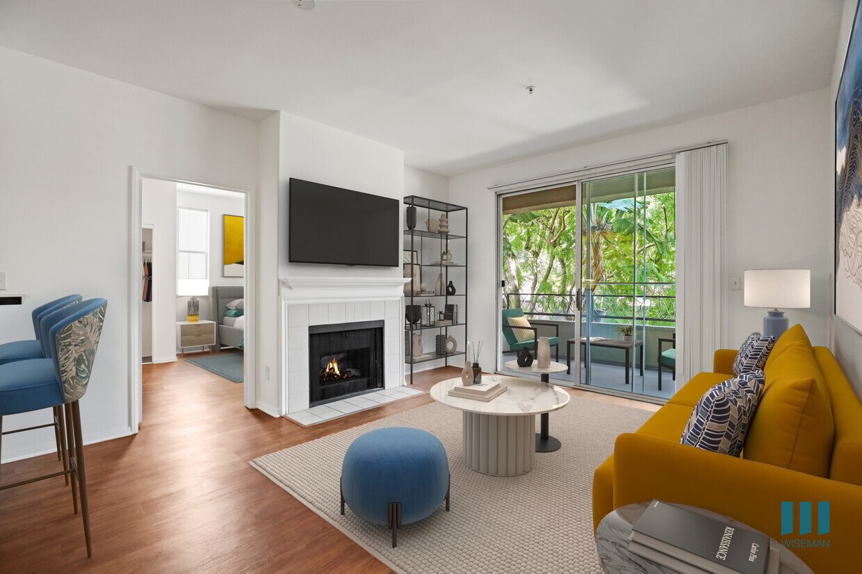 Living Room with Fireplace and Patio - Barrington Santa Monica by Wiseman