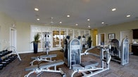 Located at 747 Worthington Woods Blvd in Worthington, Ohio, this fitness center offers a comprehensive and well-equipped workout environment designed to support a full range of exercise routines. The single-floor space is outfitted with multiple cable and resistance training machines, weight benches, and functional fitness stations, providing ample options for both strength and conditioning workouts. The interior features a warm, neutral color palette with soft yellow accent walls and textured, patterned carpet flooring that adds visual interest underfoot. Recessed lighting throughout the ceiling ensures consistent, even illumination across the entire workout area, while ceiling fans contribute to air circulation and comfort during exercise. Large interior glass panel windows along one wall allow light to pass between areas and lend an open, airy quality to the space. Decorative potted plants are positioned throughout, adding a touch of greenery that softens the utilitarian nature of the equipment-filled room. The layout is thoughtfully organized, allowing for comfortable movement between machines. Clean white trim and built-in framing details give the space a polished, upscale feel that elevates it beyond a standard fitness facility.