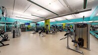 This fitness center occupies a generously sized single-floor space designed to accommodate a comprehensive range of workout activities. The open floor plan is defined by high ceilings with exposed ductwork and industrial-style ventilation running overhead, contributing to an airy, functional atmosphere. Bright, recessed linear lighting illuminates the entire area evenly, ensuring excellent visibility throughout.

The interior is visually distinctive, featuring bold teal accent walls paired with yellow-green structural columns that lend the space a vibrant, energetic character. Full-length mirrors line multiple walls, enhancing the sense of depth and allowing users to monitor their form during exercise.

Equipment is organized into clearly defined zones. A dedicated cardio section houses a row of elliptical trainers and stationary bikes positioned along the mirrored walls, each unit equipped with individual display screens. The strength training area includes a broad selection of selectorized cable machines and weight machines, while a free weight section offers a full rack of dumbbells alongside adjustable benches. Several flat and incline benches are distributed throughout for added versatility. Multiple wall-mounted televisions are positioned across the space for entertainment. The durable, resilient flooring throughout supports both heavy equipment and high-traffic use.