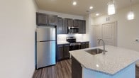 This single-floor residence showcases a thoughtfully designed open-concept layout with contemporary finishes throughout. The kitchen serves as a central highlight, featuring dark espresso-toned cabinetry with brushed nickel hardware, light granite countertops, and a full suite of stainless steel appliances, including a range, over-the-range microwave, and refrigerator. A geometric tile backsplash adds visual interest, while a kitchen island with an integrated sink and matching granite surface provides additional prep space and casual seating potential. Recessed lighting illuminates the area efficiently.

The living area flows naturally from the kitchen, anchored by rich, dark wood-style plank flooring that extends throughout the unit, adding warmth and cohesion. A ceiling fan with integrated lighting serves the bedroom, which receives natural light through a window fitted with blinds.

The bathroom features white cabinetry with ample storage, a clean white countertop, an undermount sink, and a brushed silver-framed mirror. A walk-in closet is conveniently accessible from the bathroom. The overall aesthetic is clean and modern, with neutral walls, white panel doors, and consistent finishes creating a cohesive and inviting atmosphere.