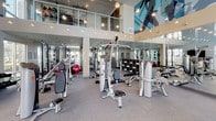 This contemporary fitness center is designed to deliver a premium workout experience within a spacious, open-plan layout. The facility boasts impressively tall ceilings that lend a sense of grandeur, complemented by floor-to-ceiling windows and glass doors that flood the interior with natural light and provide views of the surrounding landscaping and outdoor amenities, including a pool area with palm trees visible from the cardio zone.

The strength training area is generously outfitted with a full array of Hoist cable and selectorized machines, free-weight benches, stability balls, and a well-stocked dumbbell rack displayed beneath a wall-mounted flat-screen television. Full-length mirrors line the walls, enhancing the sense of openness and allowing users to monitor their form throughout their workout.

The cardio section features a row of True treadmills along with upright and recumbent bikes equipped with individual screens, all positioned to take advantage of the expansive window views. A towel station is conveniently located near the exit doors for easy access.

Overhead, cable-mounted track lighting and pendant fixtures provide focused illumination throughout, while a bold, large-scale abstract mural adds a dynamic artistic focal point to the upper mezzanine level. The durable rubberized flooring and neutral gray walls complete the clean, modern aesthetic of the space.