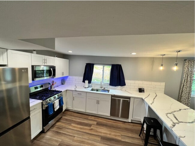 Kitchen with stainless steel appliances and generously spacious quartz countertops & island - 3932 Vinceton St.