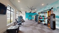This single-floor fitness center is designed to deliver a comprehensive workout experience in a bright, energizing environment. The space is defined by soaring ceilings adorned with dark exposed wooden beams, recessed lighting, and a large ceiling fan that enhances airflow throughout the open layout. Durable checkerboard carpet tiles cover the floor, providing comfort and practicality across all workout zones.

A striking teal accent wall serves as the visual centerpiece, featuring bold motivational typography and graphic murals that bring vibrant character to the space. Adjacent to this wall is a functional training zone equipped with a power rack, cable machines, resistance stations, a heavy punching bag, medicine ball storage, and suspension training accessories.

The cardio area is positioned along a full wall of large, black-framed windows that flood the space with natural light and offer direct views of an outdoor pool and palm tree-lined surroundings. Multiple treadmills and additional cardio machines are arranged to take full advantage of this scenic outlook, along with a wall-mounted television.

A dedicated free weights area includes a full dumbbell rack paired with a flat bench and a large mirror wall that visually expands the space. Nearby, a built-in shelving unit provides organized storage for accessories, complemented by a compact beverage refrigerator for post-workout refreshment. The overall ambiance is modern, motivating, and thoughtfully designed to support a wide variety of fitness routines.