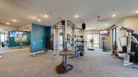Located at 11010 Twenty Mile Road in Parker, Colorado, this fitness center offers a comprehensive, single-floor workout facility designed to support a full range of exercise disciplines. The space is organized into distinct functional zones, providing an efficient and intuitive layout for users of all fitness levels.

The cardio zone features multiple treadmills and an elliptical machine positioned along large floor-to-ceiling windows, filling the area with natural light and offering views of the surrounding exterior. A wall-mounted television keeps users entertained during workouts. Nearby, a well-stocked accessory rack holds resistance bands, medicine balls, and foam rollers for dynamic training needs.

The strength and free weights area is anchored by a multi-station cable machine, a dedicated bench press setup with Olympic barbell and weight plates, and a row machine. Full-length mirrors line the walls, enhancing the sense of openness and allowing users to monitor their form. A punching bag and battle ropes add functional fitness options to the mix.

A separate dumbbell and accessory station is lined with a rack of dumbbells, stability balls, and a flat bench, complemented by a wall-mounted TV. Gold-toned ceiling fans are distributed throughout, adding a distinctive design touch. The herringbone-patterned carpet with teal accents, teal accent walls, and recessed lighting give the facility a polished, modern aesthetic.