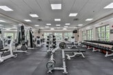 The fitness center at 1128 Arbor Gates Drive NE in Atlanta, Georgia, is a spacious, single-floor facility designed to accommodate a comprehensive range of workout routines. The space is divided into two distinct zones: a strength training area and a cardio/cable machine section, each finished with appropriate flooring to suit its function.

The strength training zone features durable rubber flooring and is outfitted with an extensive selection of free weights, including a full rack of dumbbells, multiple adjustable benches, barbells with plate weights, and several cable and resistance machines. Wall-mounted televisions provide entertainment throughout the space. Large windows along the perimeter walls allow ample natural light to fill the room while offering views of the mature trees surrounding the property.

The adjacent cardio and cable machine section transitions to neutral-toned carpet and includes multi-functional cable stations, cardio equipment, and additional resistance machines. A wall of mirrors enhances the sense of space and supports proper form during workouts. The drop ceiling with recessed panel lighting ensures consistent illumination throughout both areas.

Together, the two zones create a well-rounded fitness environment with a clean, functional aesthetic suited to residents seeking a full-featured on-site workout facility.