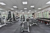 The fitness center at 1128 Arbor Gates Drive NE in Atlanta, Georgia, is a spacious, single-floor facility designed to accommodate a comprehensive range of workout routines. The space is divided into two distinct zones: a strength training area and a cardio/cable machine section, each finished with appropriate flooring to suit its function.

The strength training zone features durable rubber flooring and is outfitted with an extensive selection of free weights, including a full rack of dumbbells, multiple adjustable benches, barbells with plate weights, and several cable and resistance machines. Wall-mounted televisions provide entertainment throughout the space. Large windows along the perimeter walls allow ample natural light to fill the room while offering views of the mature trees surrounding the property.

The adjacent cardio and cable machine section transitions to neutral-toned carpet and includes multi-functional cable stations, cardio equipment, and additional resistance machines. A wall of mirrors enhances the sense of space and supports proper form during workouts. The drop ceiling with recessed panel lighting ensures consistent illumination throughout both areas.

Together, the two zones create a well-rounded fitness environment with a clean, functional aesthetic suited to residents seeking a full-featured on-site workout facility.