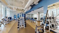 Located at 1407 South Michigan Avenue in Chicago's South Loop neighborhood, this fitness center offers a comprehensive and thoughtfully designed exercise facility. The spacious, single-floor layout is organized to accommodate a wide range of workout routines, with distinct zones dedicated to cardiovascular training and strength conditioning.

A floor-to-ceiling glass curtain wall runs along one side of the facility, flooding the interior with abundant natural light and offering striking panoramic views of the Chicago skyline — an energizing backdrop for cardio workouts. A row of treadmills and elliptical machines lines this window wall, allowing users to enjoy the cityscape while exercising.

The strength training area is equally well-appointed, featuring a comprehensive selection of Hoist cable machines, adjustable weight benches, free weights, and a full dumbbell rack. Large wall-to-wall mirrors extend the visual depth of the space and allow users to monitor their form. A dedicated functional training zone includes a plyometric box and additional resistance equipment.

The interior design is clean and modern, with bold blue accent walls contrasting against light gray columns and a white exposed ceiling with visible HVAC ductwork. Durable speckled rubber flooring covers the entire facility, providing both safety and comfort. A water fountain station and mounted flat-screen television further enhance the user experience. The overall ambiance is bright, functional, and motivating.