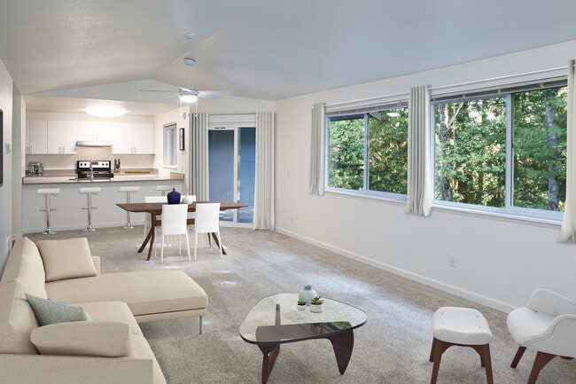 Renovated Package I living room with carpet (select homes) - eaves Redmond Campus