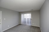 This single-floor residence is laid out with a functional, straightforward floor plan. The living area features soft carpeting and neutral gray walls, with a sliding glass door dressed in vertical blinds that allows natural light to filter into the space. A separate entry door provides direct access to the unit.

The galley-style kitchen is efficiently arranged with warm wood cabinetry lining both sides, light-toned countertops, and hardwood-style flooring. Black appliances, including a refrigerator, electric range with coil burners, and dishwasher, are integrated throughout, complemented by track lighting overhead and ample upper and lower cabinet storage.

The bedroom offers plush carpeting underfoot and features two side-by-side closets with bifold doors, providing generous storage. A ceiling fan with a built-in light fixture serves both comfort and illumination needs.

The bathroom includes a tub and shower combination with chrome fixtures, built-in shelving within the surround, and a chrome grab bar. A marble-look countertop tops the vanity beside the sink, while a large mirror adds a sense of depth. Neutral gray walls tie the space together cohesively throughout the unit.