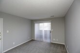 This single-floor residence is laid out with a functional, straightforward floor plan. The living area features soft carpeting and neutral gray walls, with a sliding glass door dressed in vertical blinds that allows natural light to filter into the space. A separate entry door provides direct access to the unit.

The galley-style kitchen is efficiently arranged with warm wood cabinetry lining both sides, light-toned countertops, and hardwood-style flooring. Black appliances, including a refrigerator, electric range with coil burners, and dishwasher, are integrated throughout, complemented by track lighting overhead and ample upper and lower cabinet storage.

The bedroom offers plush carpeting underfoot and features two side-by-side closets with bifold doors, providing generous storage. A ceiling fan with a built-in light fixture serves both comfort and illumination needs.

The bathroom includes a tub and shower combination with chrome fixtures, built-in shelving within the surround, and a chrome grab bar. A marble-look countertop tops the vanity beside the sink, while a large mirror adds a sense of depth. Neutral gray walls tie the space together cohesively throughout the unit.