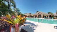 This single-level outdoor amenity space offers a well-appointed resort-style environment centered around a generously sized swimming pool with clear, blue-green water. The pool deck is finished in smooth concrete and lined with bright blue lounge chairs and green market umbrellas, creating a vibrant and inviting atmosphere ideal for relaxation and recreation. Colorful tropical plantings, including bromeliads and palm trees, are strategically placed throughout the area, adding lush greenery and visual interest. The backdrop of the pool area is anchored by a brick clubhouse building featuring a pitched roof, arched windows, and glass entry doors that reflect the warm, sunny climate. Adjacent to the main pool area is a separate paved patio space finished in multi-toned interlocking pavers, furnished with a table and chair set beneath a large blue shade umbrella. This secondary outdoor area is enclosed by wrought iron fencing and bordered by mature tropical plantings, flowering shrubs, and trees, offering a more intimate setting for outdoor dining or casual gatherings. The overall ambiance of the space is bright, open, and tropical, with abundant natural light and lush surroundings contributing to a welcoming, community-oriented outdoor environment.