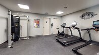 Located at 479 Valley St in Maplewood, NJ, this single-floor fitness center is a well-equipped, purpose-built workout facility designed to support a full range of exercise routines. The space features a clean, modern aesthetic with neutral gray walls, durable rubberized flooring, and bright flush-mounted ceiling panels that provide consistent, even illumination throughout.

The cardio zone is outfitted with multiple TRUE-brand treadmills and upright stationary bikes, each equipped with individual digital display screens for an engaging workout experience. Motivational wall decals — including "No Pain No Gain," "Beast Mode ON," and a bold "FOCUS" word cloud — reinforce the facility's energetic atmosphere.

The strength and functional training area includes a multi-use cable machine and power rack, alongside a collection of medicine balls and stability balls stored on a dedicated rack. Full-length wall mirrors allow users to monitor their form during exercises. A fitness chart is posted near the equipment area for reference.

The facility also includes restroom access, clearly marked with signage, as well as an emergency exit. The overall layout is open and organized, offering ample floor space for stretching and bodyweight training. This fitness center provides a comprehensive and motivating environment for users of all fitness levels.