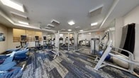Located at 7500 Hearthside Way in Elkridge, Maryland, this fitness center offers a well-equipped, single-floor workout facility designed to support a wide range of exercise routines. The space is thoughtfully laid out to maximize functionality, accommodating both cardiovascular and strength training equipment comfortably within its footprint.

The interior features a clean, modern aesthetic with neutral-toned walls and a distinctive blue and gray patterned carpet that adds visual character to the floor. Overhead, recessed panel lighting and flush-mount ceiling fixtures provide consistent, bright illumination throughout the space, complemented by a ceiling fan that aids in air circulation during workouts.

The equipment selection is extensive and includes multiple treadmills, elliptical machines, stationary bikes, cable weight machines, and various strength training stations from Life Fitness and other commercial-grade brands. A wall of mirrors along one side visually expands the room and allows users to monitor their form during exercise.

The space features glass-paneled interior windows and walls that allow natural light to filter in, contributing to an open, airy atmosphere. Access is provided through both a standard interior door and a glass-paneled entryway. The overall design is practical and professional, making it a comprehensive amenity for residents or members seeking a convenient on-site fitness facility.