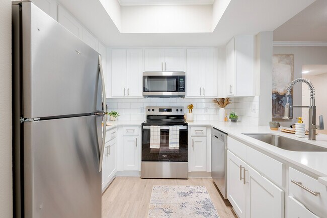 Cocina recientemente renovada con electrodomésticos de acero inoxidable. - The Delano at North Richland Hills Apartments